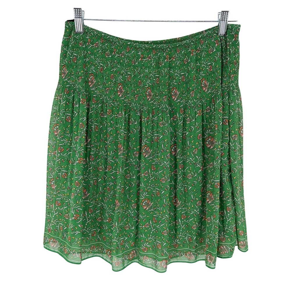 Max Studio Mini Skirt Floral Flowy Smocked Waist L Green Boho Chiffon Lined
